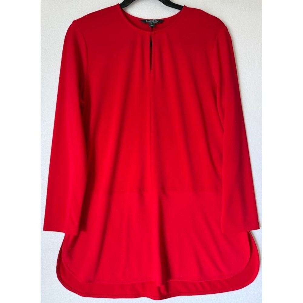 Lauren Ralph Lauren Tunic Top Women M Red Keyhole Long Sleeve Stretch Blouse